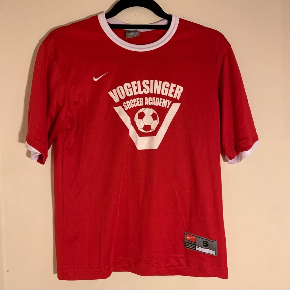Nike red and white dri fit soccer jersey vogelsinger soccer academy small